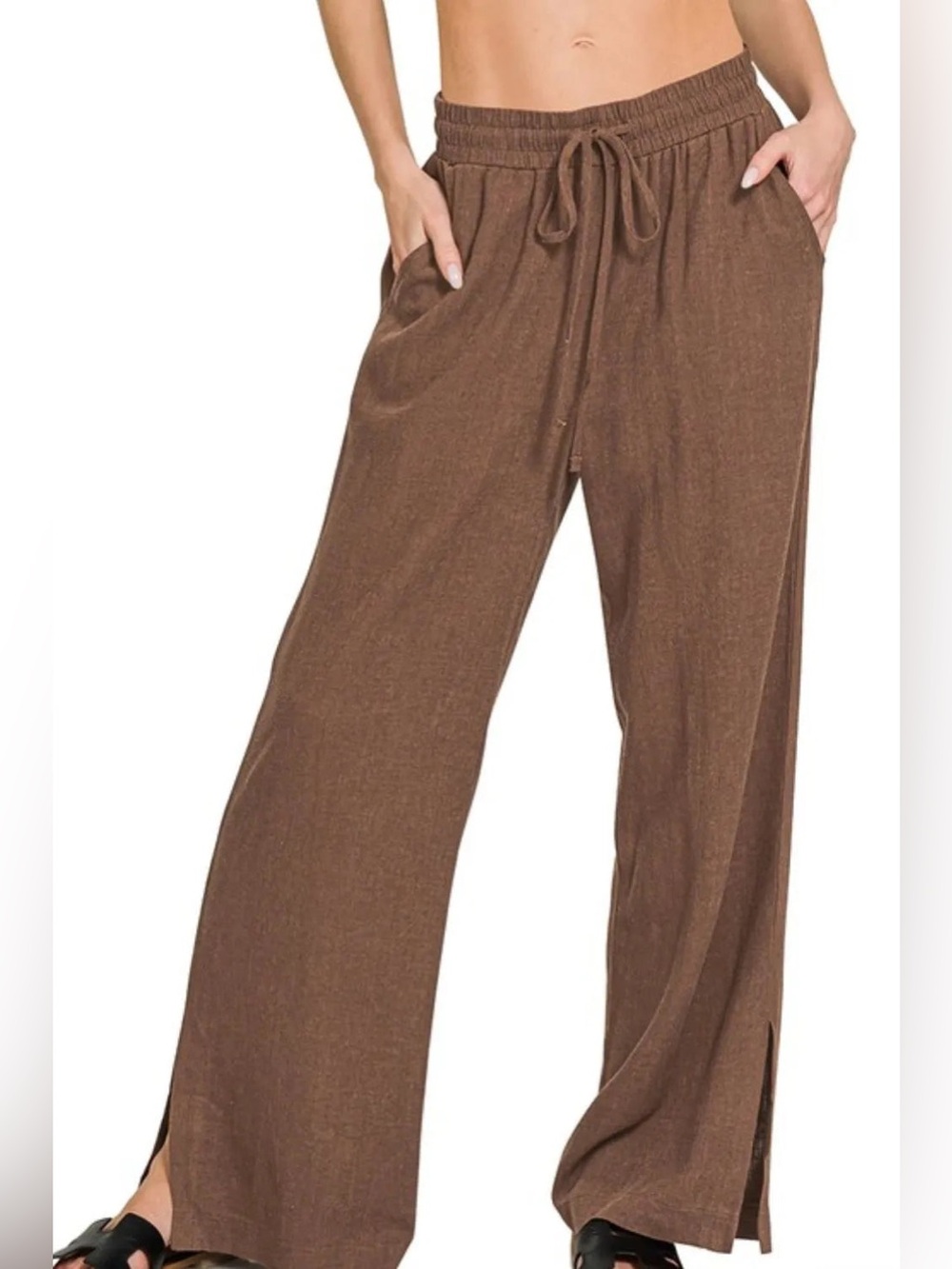 NWOT🤎Zenana Linen/Rayon Drawstring Pants Large Brown